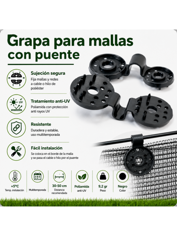 GRAPA SUJECCION MALLA REDONDA CON PUENTE. Paquetes 25-50-100 unidades
